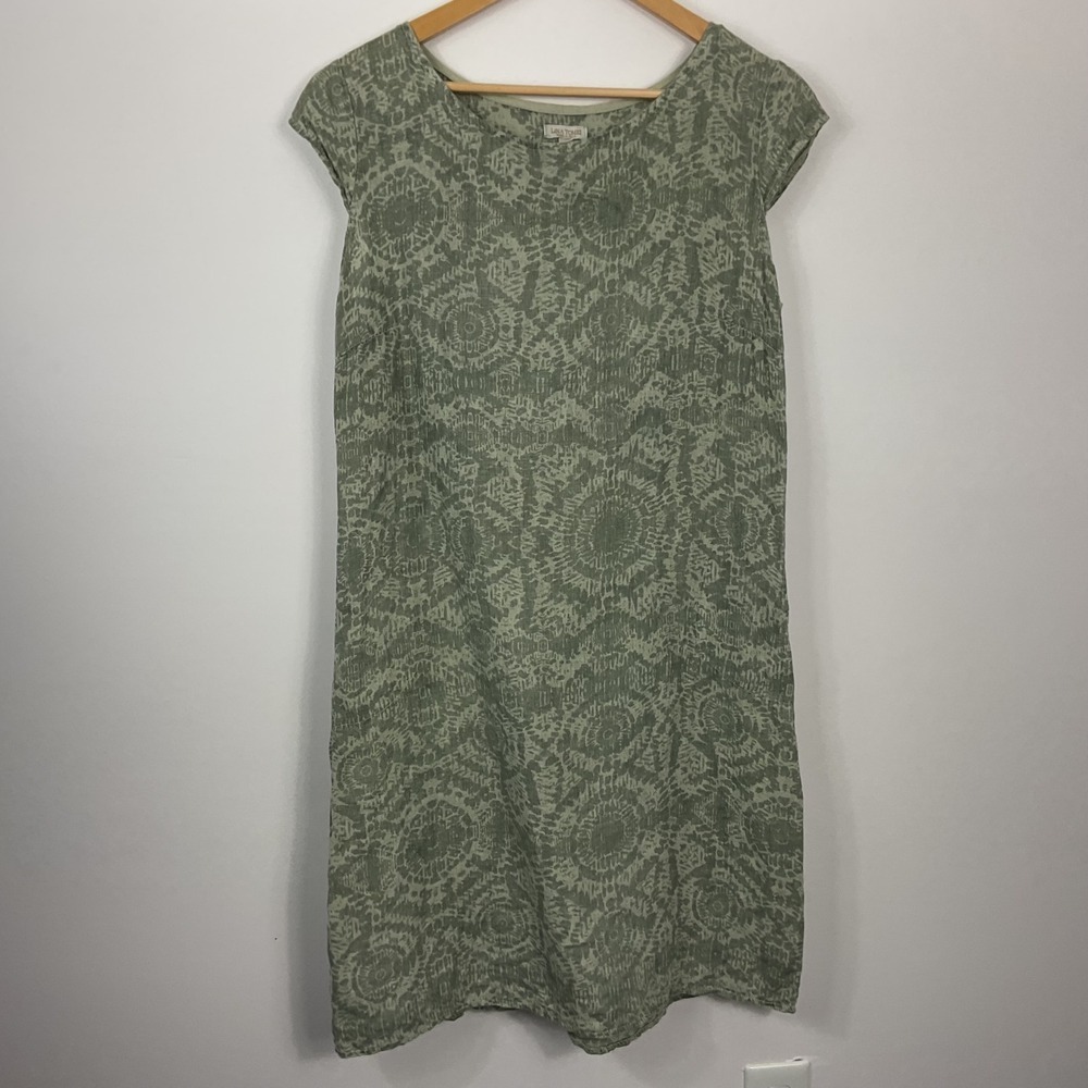 Lina Tomei Linen Blend Shift Dress Olive Green Abstract Print Cap Sleeve XL